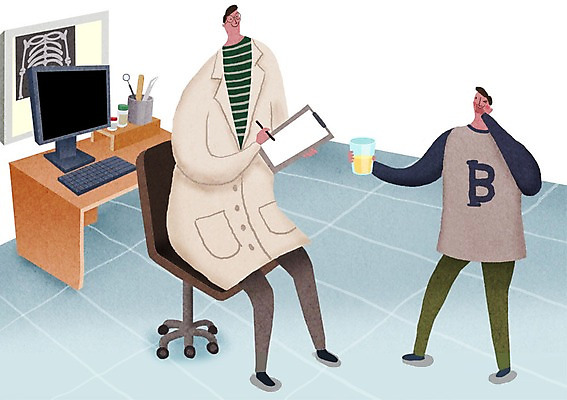 PSD 남자 어린이 일러스트 엑스레이 병원 성인 두명 컴퓨터 진료 환자 의사 책상 신체검사 건강검진 서류판 소변검사 국내일러스트 가구 의학 사람 전자제품 사무용품 의료진 검사_조사 파일형식