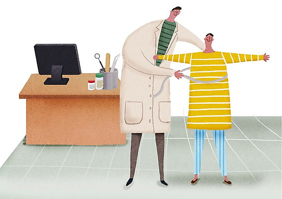 PSD 남자 어린이 일러스트 줄자 병원 성인 두명 모니터 진료 환자 의사 책상 신체검사 건강검진 국내일러스트 가구 의학 자 사람 컴퓨터 의료진 검사_조사 파일형식