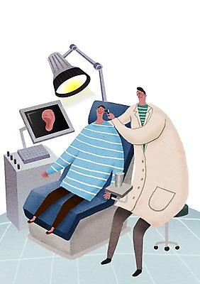 PSD 남자 어린이 일러스트 병원 성인 두명 진료 환자 의사 귀 신체검사 건강검진 진료기 진료대 진료실 국내일러스트 의학 사람 신체부위 의료진 검사_조사 파일형식