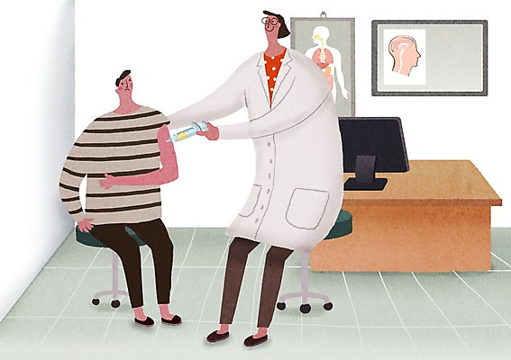 PSD 여자 남자 어린이 의자 일러스트 병원 주사기 성인 두명 모니터 진료 환자 의사 책상 신체검사 건강검진 국내일러스트 가구 의학 의료기기 사람 컴퓨터 의료진 검사_조사 파일형식