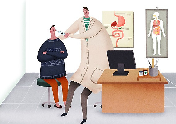 PSD 남자 어린이 의자 일러스트 병원 성인 두명 모니터 진료 환자 의사 장기 온도계 체온계 책상 신체검사 건강검진 귀체온계 국내일러스트 가구 신체 의학 사람 컴퓨터 의료진 검사_조사 파일형식