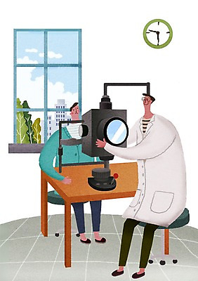 PSD 남자 어린이 시계 의자 일러스트 창문 병원 성인 두명 진료 환자 의사 책상 신체검사 시력검사 건강검진 국내일러스트 가구 의학 사람 의료진 검사_조사 파일형식