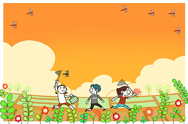 주간 PSD 구름 여자 남자 꽃 어린이 일러스트 야외 세명 일몰 시골 풀잎 잠자리 고향 채집망 채집통 국내일러스트 자연요소 식물 곤충 잎 통 사람 노을 풀_식물 파일형식