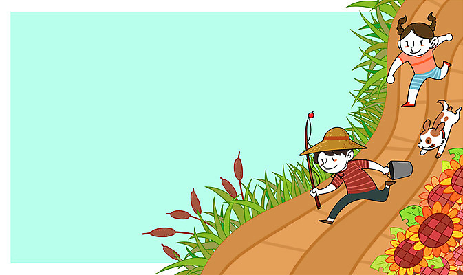 주간 PSD 여자 남자 어린이 일러스트 해바라기 야외 두명 강 달리기 바구니 시골 낚싯대 강아지 밀짚모자 고향 국내일러스트 자연요소 모자_잡화 꽃 모션 사람 반려동물 낚시용품 개 파일형식