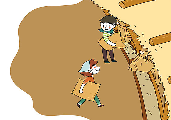 주간 PSD 여자 남자 일러스트 성인 두명 가축 시골 소 먹이 고향 여물 외양간 여물통 국내일러스트 자연요소 동물 포유류 사람 파일형식