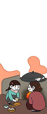 주간 PSD 여자 어린이 일러스트 도마 성인 두명 주방 계란 시골 가마솥 식칼 고향 국내일러스트 자연요소 주방용품 사람 알 솥 파일형식