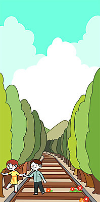 주간 PSD 나무 커플 여자 남자 꽃 일러스트 산 성인 야외 두명 기찻길 시골 고향 철도의날 국내일러스트 자연요소 식물 관계 사람 파일형식 법정기념일