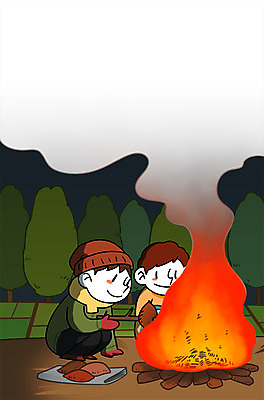 PSD 나무 남자 어린이 겨울 일러스트 야외 두명 시골 야간 모닥불 굽기 고구마 고향 국내일러스트 자연요소 식물 계절 불 뿌리채소 사람 구이 파일형식