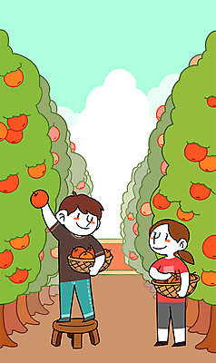 주간 PSD 여자 남자 일러스트 성인 야외 두명 바구니 시골 사과 과수원 사과나무 고향 국내일러스트 자연요소 나무 농업 과일 사람 파일형식