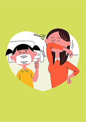 PSD 여자 포스터 어린이 일러스트 건강 마스크 성인 두명 건강관리 청결 예절 예방 감염 입가림 매너 건강수칙 기침 코로나바이러스 국내일러스트 관리 사람 가림 바이러스 위생 파일형식