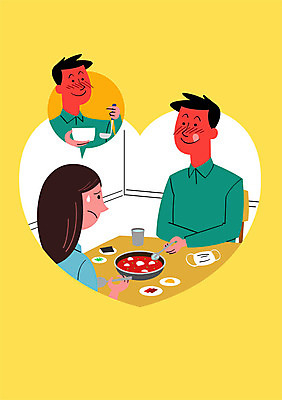 PSD 여자 남자 포스터 일러스트 건강 마스크 성인 세명 건강관리 숟가락 청결 예절 찌개 국자 예방 감염 매너 공유 건강수칙 국내일러스트 음식 주방용품 수저 관리 사람 위생 파일형식