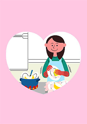 PSD 접시 여자 포스터 일러스트 건강 한명 성인 건강관리 청결 예절 냄비 설거지 예방 고무장갑 매너 건강수칙 삶기 소독 국내일러스트 1 식기 장갑 가사 관리 사람 위생 솥 고무 파일형식