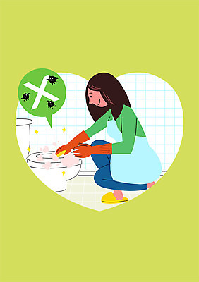 PSD 여자 포스터 일러스트 건강 한명 성인 건강관리 앞치마 청결 예절 청소 예방 감염 고무장갑 변기 매너 박테리아 건강수칙 양변기 국내일러스트 1 장갑 의학 관리 사람 위생 고무 파일형식