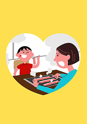 PSD 여자 남자 포스터 어린이 일러스트 젓가락 건강 성인 두명 건강관리 청결 예절 연기 굽기 예방 삼겹살 매너 건강수칙 국내일러스트 수저 관리 돼지고기 사람 위생 구이 파일형식