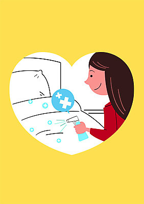 PSD 여자 포스터 일러스트 건강 한명 성인 건강관리 청결 침대 예절 예방 매너 건강수칙 방향제 살균소독제 소독제 국내일러스트 1 가구 관리 사람 위생 파일형식