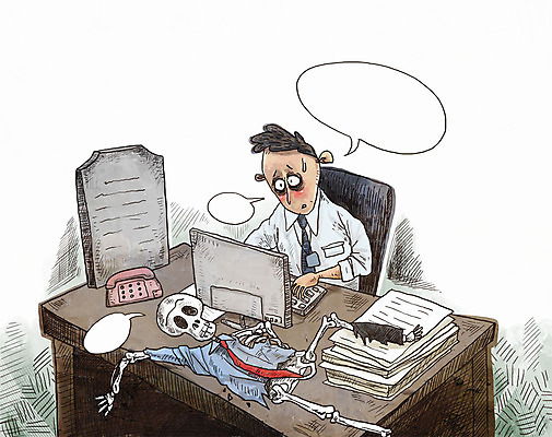 PSD 남자 종이 말풍선 일러스트 해골 직장 한명 성인 컴퓨터 모니터 죽음 무덤 업무 직장인 비즈니스맨 전화기 책상 국내일러스트 직업 1 가구 회사 비즈니스 뼈 사람 전자제품 작업 파일형식