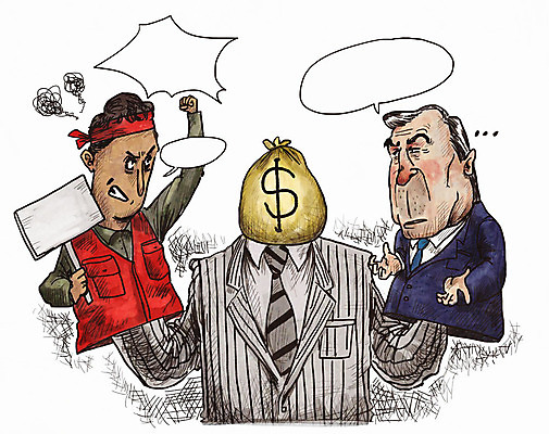 PSD 남자 말풍선 일러스트 노동자 직장 성인 두명 경쟁 팻말 직장인 비즈니스맨 돈자루 사장 상사 시위 국내일러스트 직업 컨셉 돈 회사 비즈니스 프레임 사람 파일형식