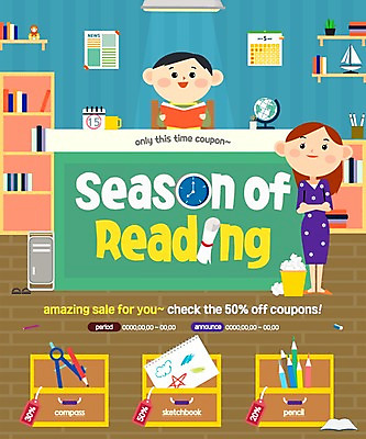 PSD 템플릿 여자 남자 어린이 시계 웹템플릿 색연필 책장 선반 이벤트페이지 이벤트 성인 두명 책 독서 지구본 쓰레기통 책상 스케치북 이미지템플릿 가구 학용품 사람 페이지 파일형식