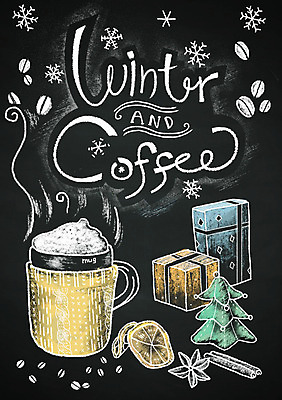 PSD 계절 커피 백그라운드 겨울 일러스트 프레임 이벤트 사람없음 선물상자 칠판 머그컵 원두 눈송이 레몬 초크일러스트 초크아트 시나몬 레터링 겨울배경 국내일러스트 음료 과일 눈_날씨 선물 컵 상자 그림 파일형식
