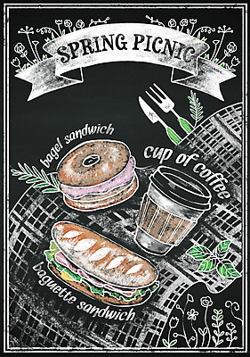 PSD 계절 커피 백그라운드 포크 일러스트 프레임 샌드위치 이벤트 사람없음 칠판 봄 나이프 바게트 초크일러스트 초크아트 베이글 베이글샌드위치 봄소풍 레터링 국내일러스트 식기 음료 음식 빵 소풍 칼 그림 파일형식