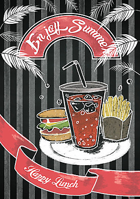 PSD 계절 백그라운드 일러스트 나뭇잎 프레임 패스트푸드 이벤트 사람없음 여름 칠판 감자튀김 햄버거 콜라 초크일러스트 초크아트 레터링 국내일러스트 잎 감자 튀김 인스턴트 그림 탄산음료 파일형식