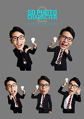 PSD 편집이미지 남자 포즈 스티커 비즈니스 아이디어 표정 여러명 성인 세트 한국인 비즈니스맨 전구모양 SD캐릭터 안경낌 이미지편집 모양 캐릭터 안경 다수 컨셉 전구 사람 동양인 직장인 파일형식