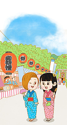 PSD 캐릭터 여자 남자 일러스트 여러명 성인 여름 일본 축제 부채 일본여행 노점상 유카타 일러캐릭터 계절 아시아 해외여행 다수 사람 일본전통의상 파일형식