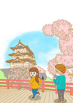 주간 PSD 캐릭터 커플 여자 남자 데이트 일러스트 성인 야외 두명 일본 벚꽃 성 일본여행 일본성 일러캐릭터 자연요소 건축물 꽃 아시아 해외여행 관계 사람 파일형식