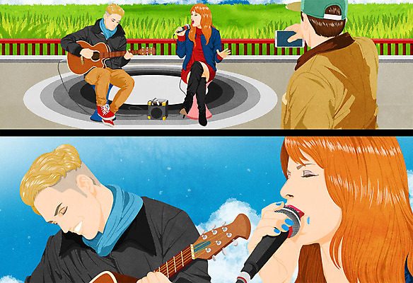 주간 PSD 공원 여자 남자 일러스트 노래 여러명 성인 야외 스마트폰 스피커 기타 만화 마이크 카툰스타일 길거리공연 국내일러스트 자연요소 공공시설 음악 음향기기 다수 현악기 사람 핸드폰 스마트기기 공연 파일형식