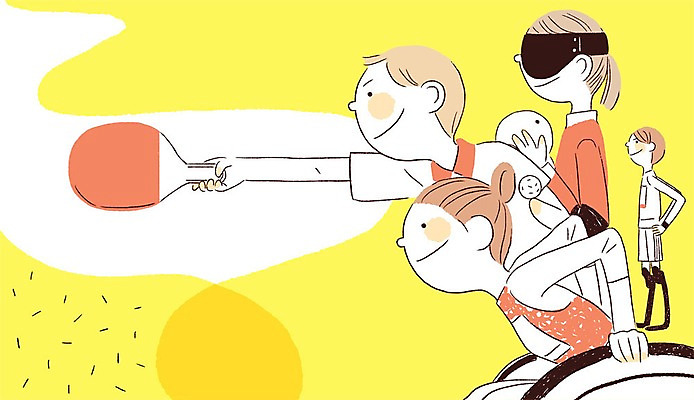 PSD 여자 남자 스포츠 올림픽 일러스트 운동선수 경기 여러명 성인 희망 꿈 도전 탁구채 장애인 휠체어 감동 탁구공 안대 패럴림픽 국내일러스트 감정 다수 공 사람 라켓 탁구용품 장애 파일형식