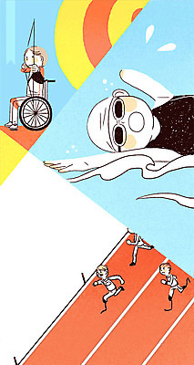 PSD 여자 남자 스포츠 올림픽 일러스트 운동선수 경기 성인 세명 달리기 수영 희망 꿈 도전 장애인 휠체어 활 감동 양궁 패럴림픽 국내일러스트 감정 모션 사람 수상스포츠 장애 파일형식