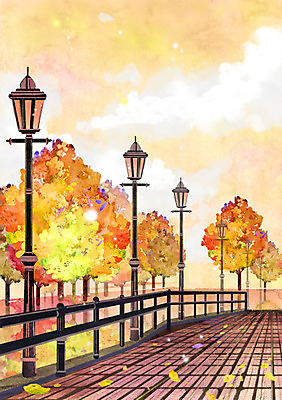 주간 PSD 나무 단풍 낙엽 가로등 일러스트 난간 거리 풍경 사람없음 야외 가을 계절백그라운드 가을배경 국내일러스트 자연요소 식물 계절 공공시설 백그라운드 잎 파일형식 가을_계절