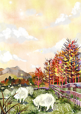 주간 PSD 나무 단풍 일러스트 산 풍경 초원 사람없음 야외 울타리 목장 가을 양 계절백그라운드 가을배경 국내일러스트 자연요소 식물 계절 백그라운드 잎 포유류 담장 파일형식 가을_계절