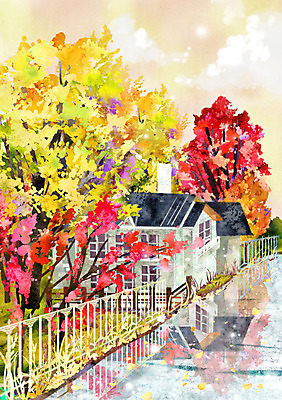 주간 PSD 나무 호수 단풍 일러스트 주택 풍경 사람없음 야외 울타리 반사 가을 계절백그라운드 가을배경 국내일러스트 자연요소 식물 계절 백그라운드 잎 건물 담장 파일형식 가을_계절