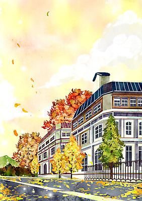 주간 PSD 나무 도로 길 단풍 낙엽 일러스트 풍경 사람없음 야외 건물 가을 계절백그라운드 가을배경 국내일러스트 자연요소 식물 건축물 계절 백그라운드 잎 교통시설 파일형식 가을_계절