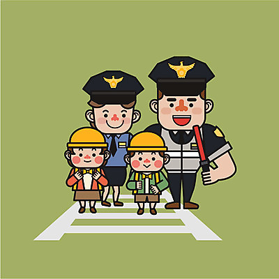 여자 남자 어린이 일러스트 여러명 성인 횡단보도 경찰 법 교통안전 경찰복 경찰봉 스쿨존 어린이보호 어린이보호구역 국내일러스트 AI파일 직업 다수 유니폼 안전 사람 보행로 보호구역 파일형식 벡터