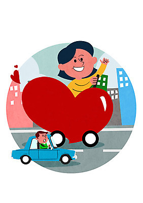 PSD 여자 남자 도로 일러스트 자동차 성인 두명 운전 하트 운전사 교통안전 국내일러스트 모양 직업 길 육상교통 교통시설 모션 안전 사람 파일형식