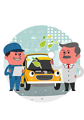 PSD 남자 일러스트 자동차 돋보기 나뭇잎 성인 두명 연구원 교통안전 정비공 점검 차량점검 국내일러스트 직업 육상교통 잎 안전 사람 기술자 파일형식