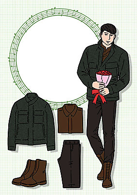 PSD 패션 남자 꽃다발 셔츠 일러스트 바지 프레임 선물 한명 성인 점퍼 워커 코디 국내일러스트 1 꽃 신발 상의 하의 사람 외투 파일형식