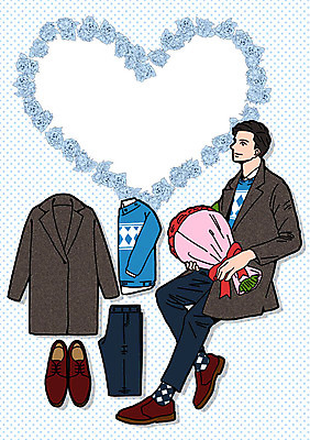 PSD 패션 남자 구두 꽃다발 일러스트 바지 프레임 선물 한명 성인 코트 스웨터 코디 국내일러스트 1 꽃 신발 상의 하의 사람 외투 파일형식