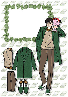 PSD 패션 남자 구두 꽃다발 일러스트 바지 프레임 선물 한명 성인 코트 스웨터 코디 국내일러스트 1 꽃 신발 상의 하의 사람 외투 파일형식