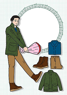 PSD 패션 남자 꽃다발 셔츠 일러스트 바지 프레임 선물 한명 성인 점퍼 워커 코디 국내일러스트 1 꽃 신발 상의 하의 사람 외투 파일형식