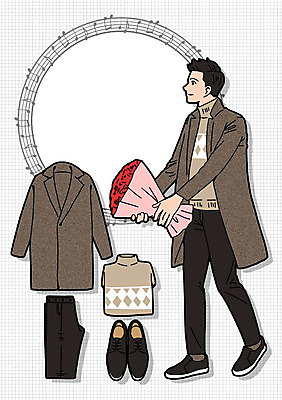 PSD 패션 남자 구두 꽃다발 일러스트 바지 프레임 선물 한명 성인 코트 터틀넥 코디 국내일러스트 1 꽃 신발 하의 사람 외투 스웨터 파일형식