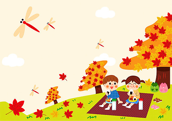나무 여자 남자 어린이 단풍 낙엽 일러스트 배낭 프레임 두명 소풍 가을 잠자리 언덕 돗자리 도시락 주먹밥 가을소풍 프레임일러스트 국내일러스트 식물 계절 음식 곤충 잎 가방 밥 사람 야외활동 가을_계절