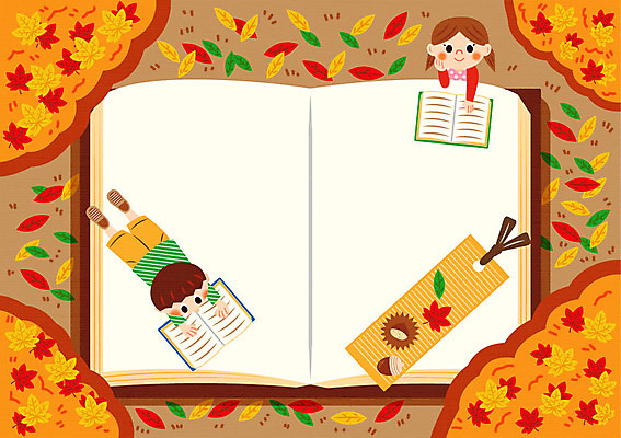 여자 남자 어린이 단풍 낙엽 일러스트 프레임 두명 책 독서 소풍 가을 가을소풍 북마크 프레임일러스트 국내일러스트 AI파일 계절 잎 사람 야외활동 파일형식 벡터 가을_계절