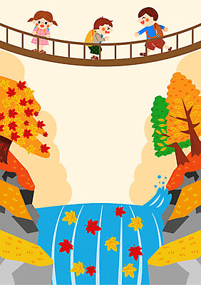 나무 여자 남자 어린이 낙엽 일러스트 프레임 세명 소풍 폭포 가을 바위 다리 가을소풍 프레임일러스트 국내일러스트 AI파일 식물 계절 잎 자연 사람 신체부위 야외활동 돌_바위 파일형식 벡터 가을_계절