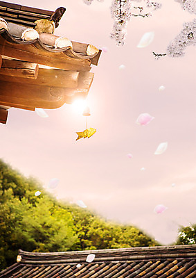 PSD 편집 편집이미지 사람없음 햇빛 벚꽃 종 처마 지붕처마 이미지편집 꽃 지붕 태양 파일형식