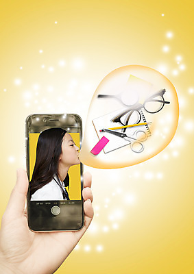 PSD 편집 편집이미지 학생 여자 안경 청소년 가위 한명 스마트폰 쇼핑 연필 공책 한국인 이미지편집 1 잡화 문구용품 학용품 사람 동양인 핸드폰 스마트기기 필기구 파일형식