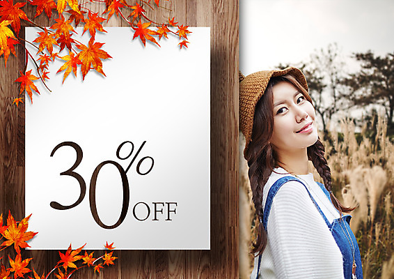 PSD 편집 편집이미지 여자 낙엽 단풍나무 한명 성인 쇼핑 세일 한국인 30% 이미지편집 나무 1 단풍 잎 사람 동양인 퍼센트 파일형식