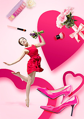 PSD 편집 편집이미지 여자 분홍색 꽃다발 한명 성인 쇼핑 한국인 하트 하이힐 아이섀도 메이크업브러쉬 이미지편집 모양 1 꽃 구두 컬러 사람 동양인 화장품 붓 여성화 파일형식